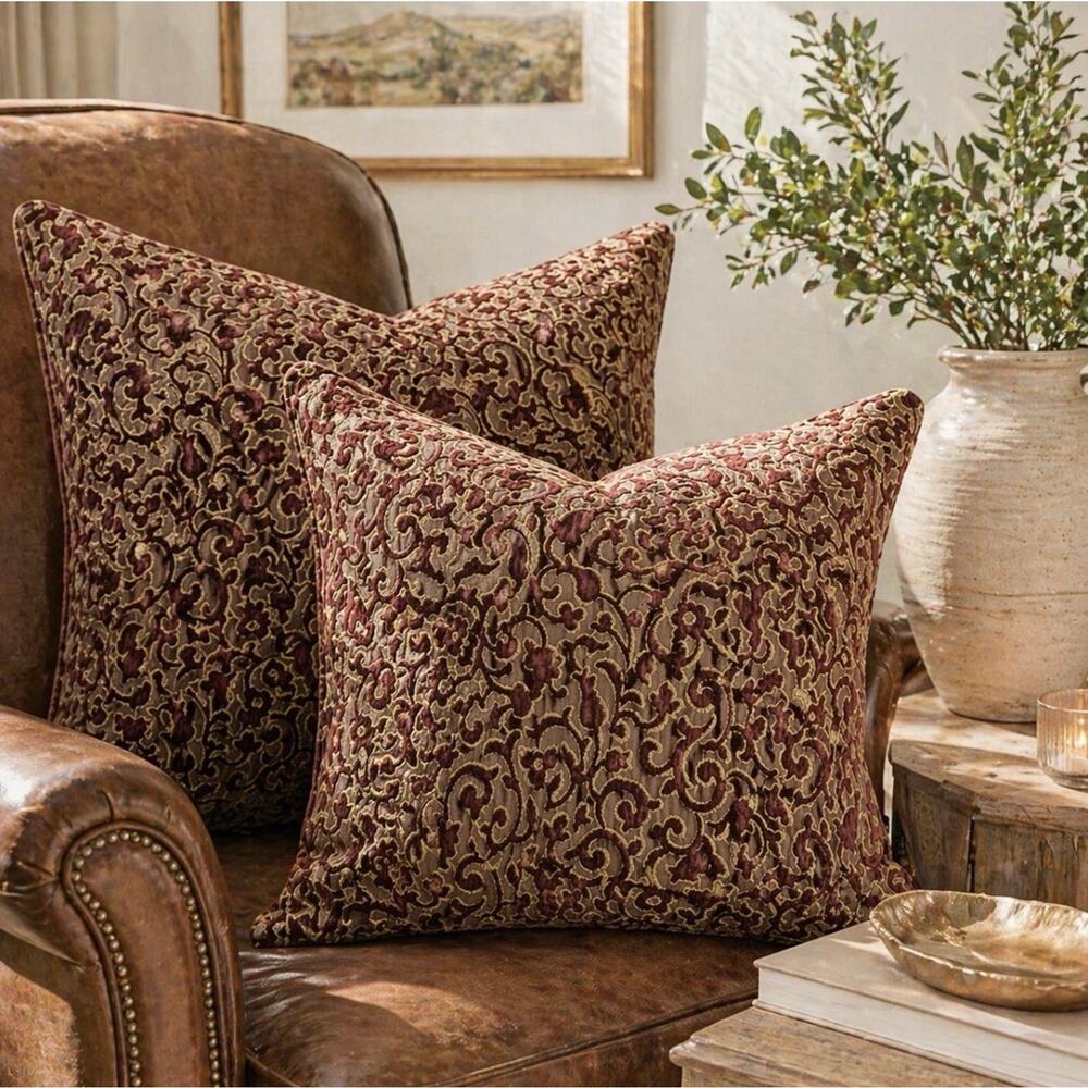 Borgata Burgundy Gold Jacquard Throw Pillows Set Baroque Tapestry Luxury Decor”